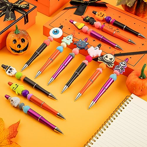 FFNIU Halloween Beadable Pens Plastic Bead Pens with 12 Pcs Silicone Beads Pumpkin Bat Skull Pen for Halloween Gifts School Office Supplies - Image 3