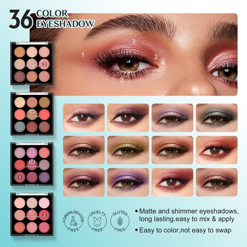 Color Nymph All In One Makeup Kit Comestics Gifts for Girls Teens, Travel Makeup Set 4 Trays Train Case for Beginner Includes Eyeshadow Highlighter Lipgloss Blush Concealer Brush Eyeliner Lipbalm - Image 4