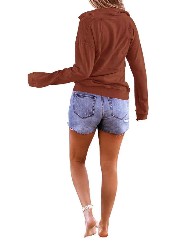 Floral Find Women's Long Sleeve Lapel Half Zip Up Sweatshirt Solid Stylish Loose Fit Casual Pullover Tops (Brown, Large) - Image 3