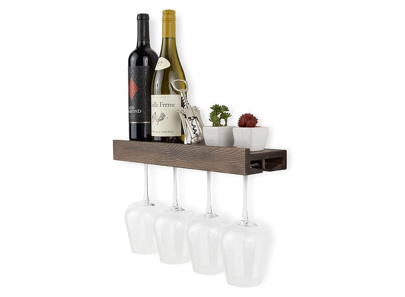 Rustic State Smith Wall Mounted Wood Floating Wine Bottle Rack with Glassware Holder Stemware Shelf Storage Organizer - Home, Kitchen, Dining Room Bar DÃ©cor - Walnut - Image 1