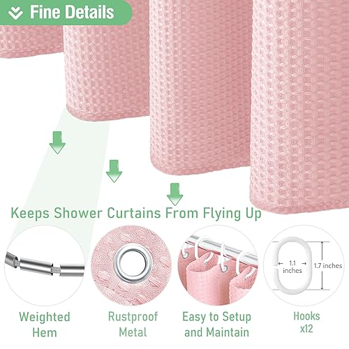 Dynamene Pink Fabric Shower Curtain - Waffle Weave Textured Heavy Duty Cloth Shower Curtains for Bathroom, 256GSM Hotel Luxury Weighted Bath Curtain Set with 12 Hooks,72x72, Pink - Image 5