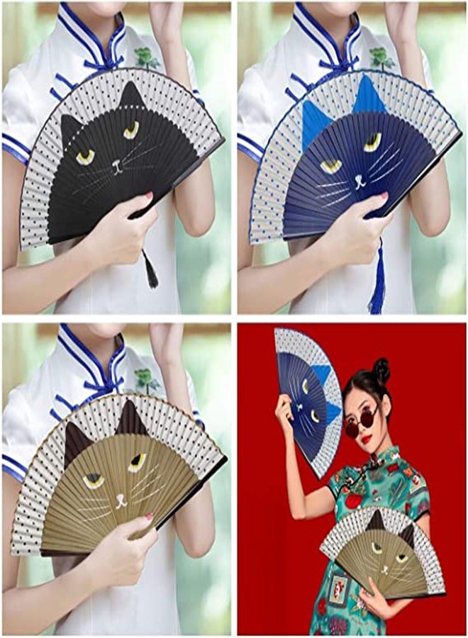 Suntown Folding Fan, Handheld Fans, Cat Cartoon Kung Fu Fan Elegant Chinese Japanese Style for Women Men, Silk Folding Fans with Bamboo Frames for Dancing Cosplay Wedding Party Props Decoration - Image 5