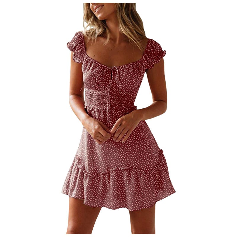 Short Sleeve Floral Print U-Neck Tie Waist High Waist Patchwork Ruffle Dress - Image 2