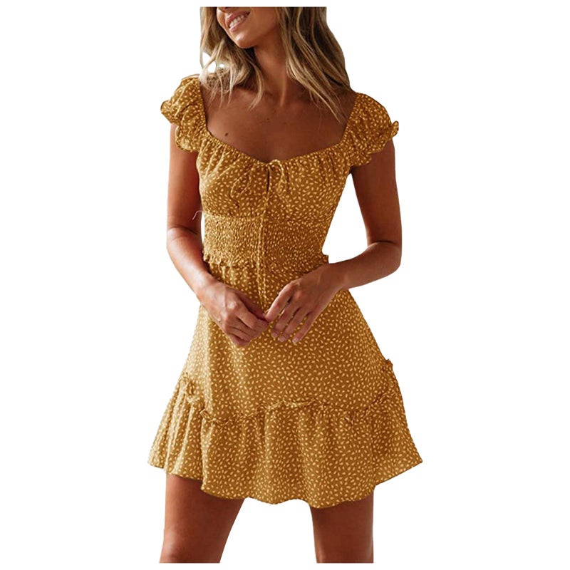 Short Sleeve Floral Print U-Neck Tie Waist High Waist Patchwork Ruffle Dress - Image 3