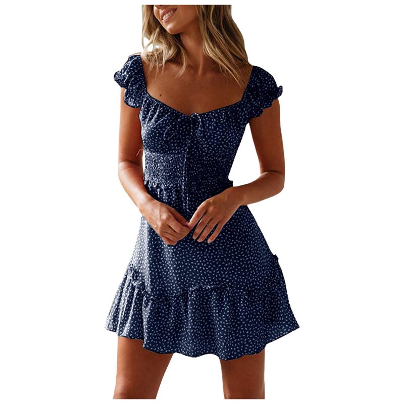 Short Sleeve Floral Print U-Neck Tie Waist High Waist Patchwork Ruffle Dress - Image 1