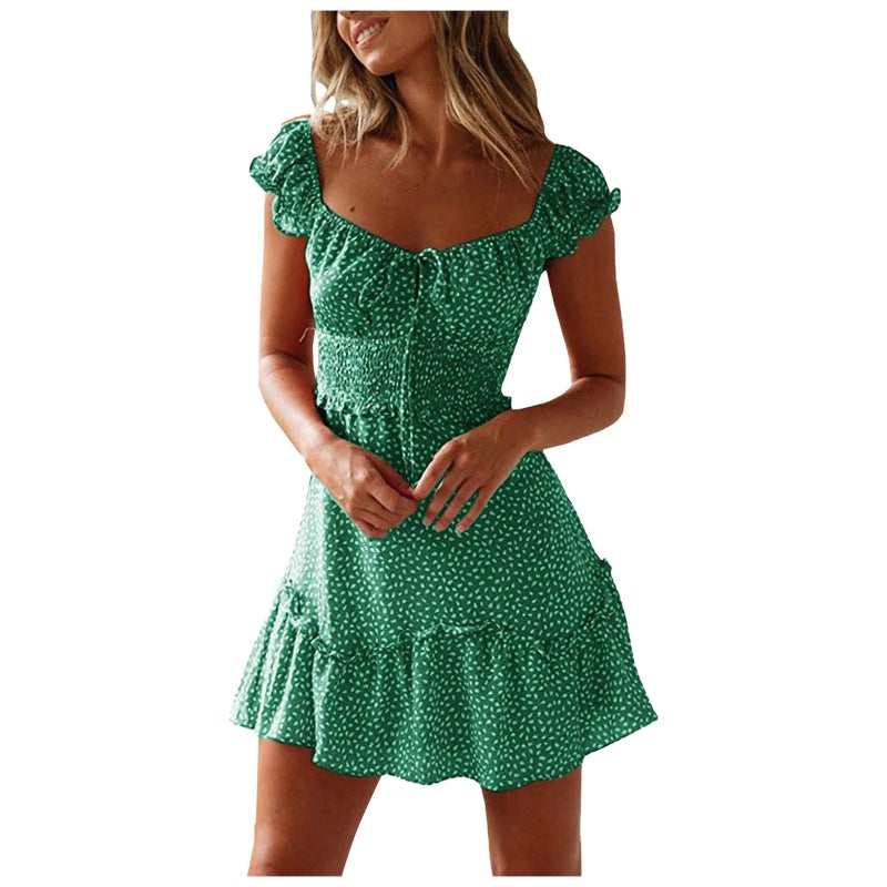Short Sleeve Floral Print U-Neck Tie Waist High Waist Patchwork Ruffle Dress - Image 4