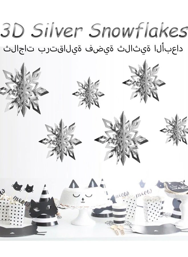 6 Pcs Snowflake Hanging Party Decor Supplies 3D Silver Snowflakes 3D Silver Paper Snowflakes Hanging Garland for Winter Holiday Wonderland Party Decoration Shop Windows Office Events Birthday Café Decor - Image 1
