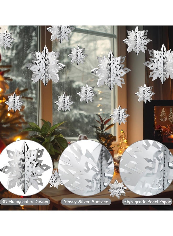 6 Pcs Snowflake Hanging Party Decor Supplies 3D Silver Snowflakes 3D Silver Paper Snowflakes Hanging Garland for Winter Holiday Wonderland Party Decoration Shop Windows Office Events Birthday Café Decor - Image 2