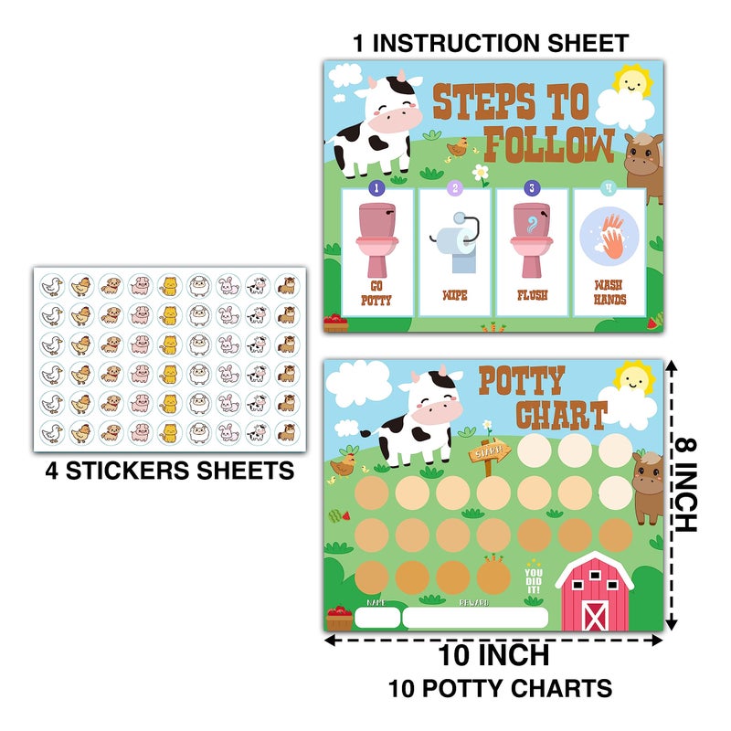 TIRYWT Farm Animals Potty Training Sticker Chart, 10 Potty Charts with 216 Round Stickers & 1 Instruction Sheet, Potty Reward Sticker Chart for Toddlers Boys Girls - A14 - Image 2