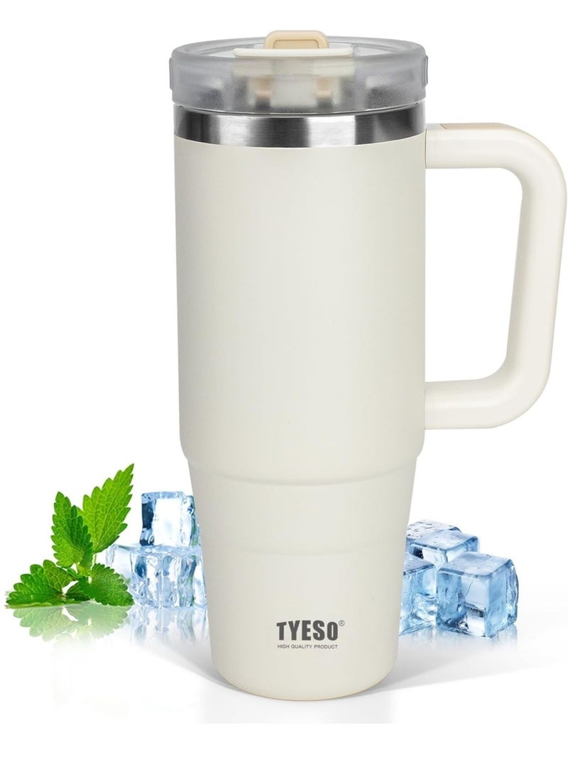 Tyeso 40oz Tumbler with Handle, Straw and Lid - Leak Resistant Insulated Stainless Steel Water Bottle, Car Cup Holder Friendly Travel Coffee Mug (White) - Image 1