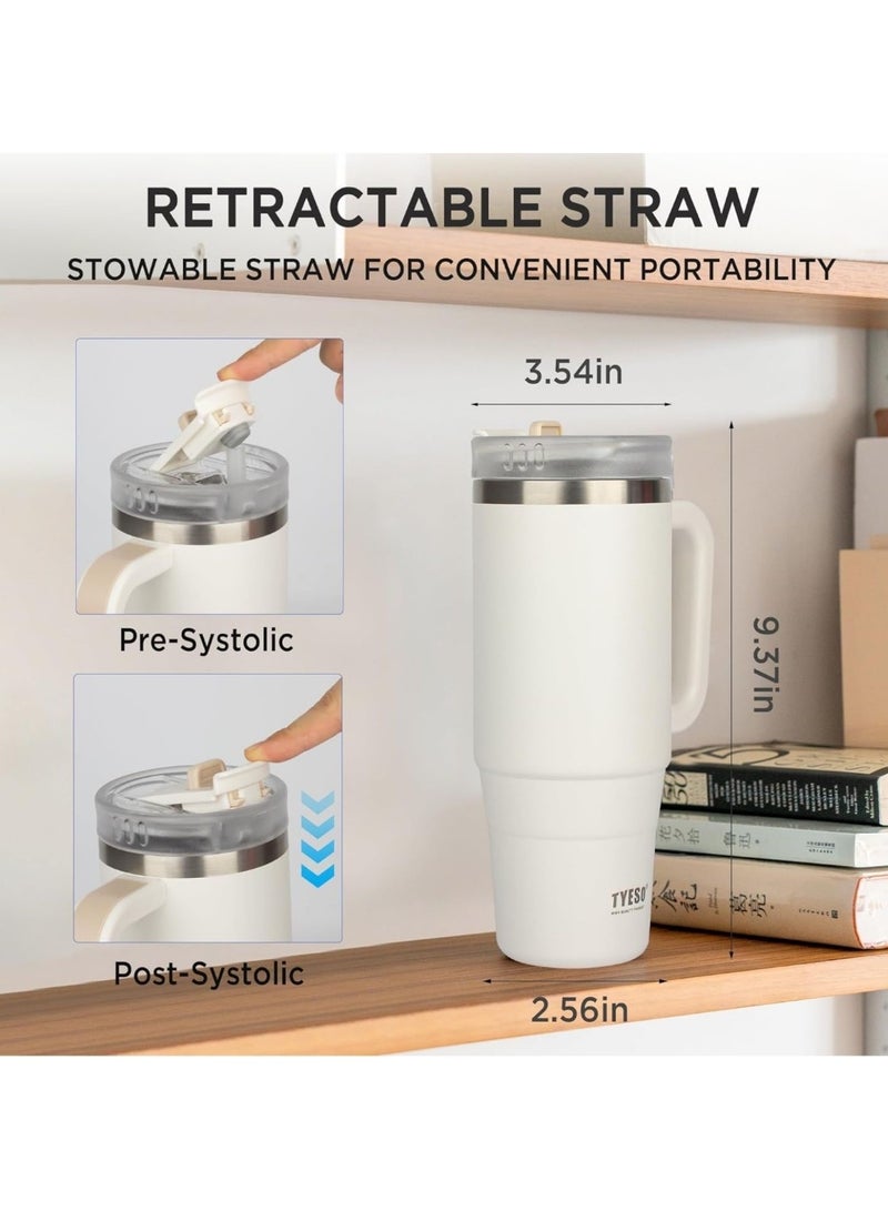 Tyeso 40oz Tumbler with Handle, Straw and Lid - Leak Resistant Insulated Stainless Steel Water Bottle, Car Cup Holder Friendly Travel Coffee Mug (White) - Image 5