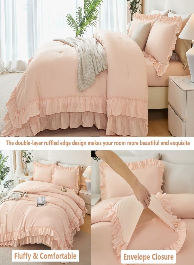ANGIYUIN Blush Pink Queen Size Comforter Set 5 Pieces Ruffled Farmhouse Bed in A Bag for Women Soft Farmhouse Bedding Sets with Sheets for All Season(Blush Pink Queen) - Image 4