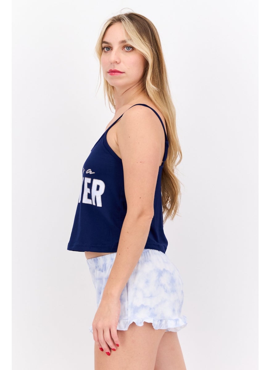 French Affair - Women 2 Piece Printed Pajama Set, Navy - Image 1