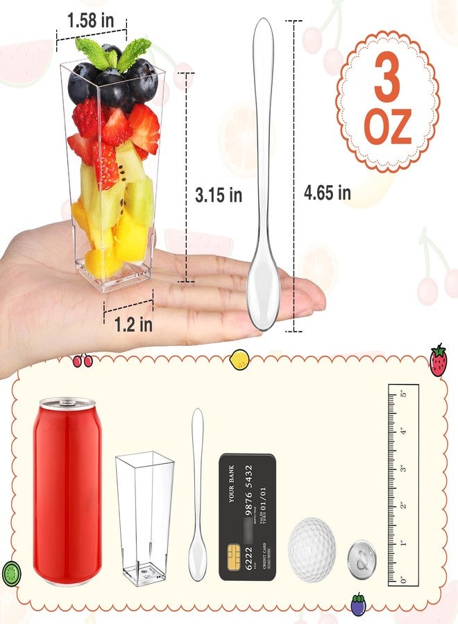 Eupako 3 oz Plastic Dessert Shooter Cups with Spoons - 200 Pack Mini Clear Square Appetizer Cup, Small Dessert Cup for Jello Shots, Parfait, Puddings, Mousse - Image 2
