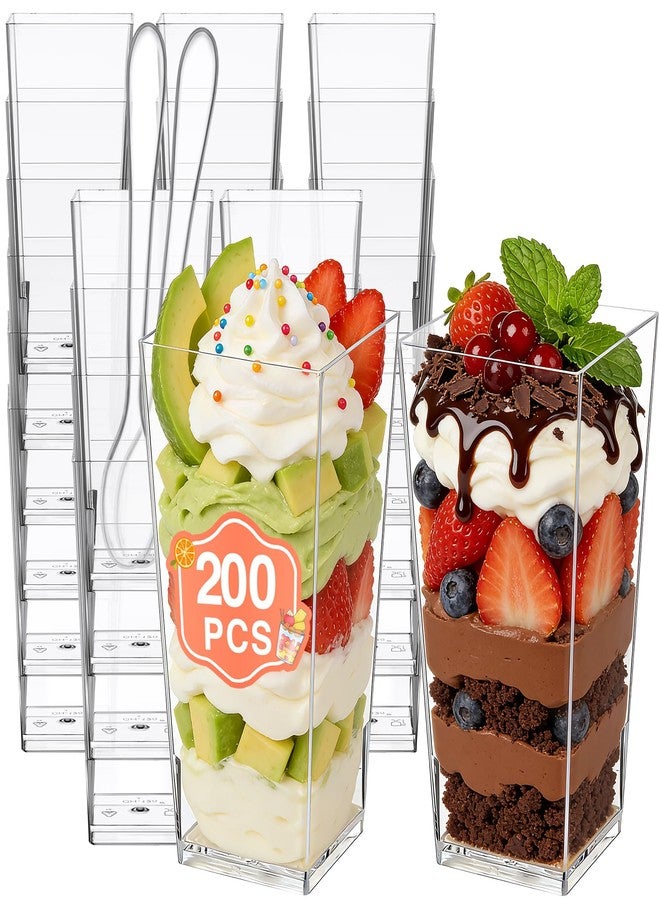 Eupako 3 oz Plastic Dessert Shooter Cups with Spoons - 200 Pack Mini Clear Square Appetizer Cup, Small Dessert Cup for Jello Shots, Parfait, Puddings, Mousse - Image 1