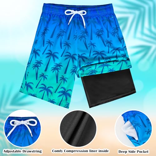 OlyPegic Boys Swim Trunks Size 10-12, Boy Swim Shorts Boy Bathing Suit Swimsuit Kids Swimwear Board Shorts with Boxer Brief Liner Compression Toddler Beach Running Swim Trunks (Coconut Tree) - Image 5