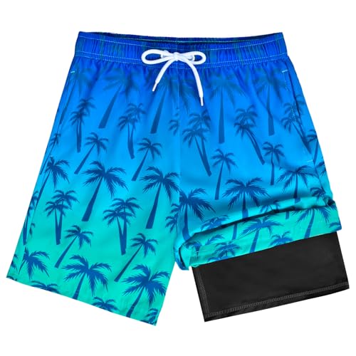 OlyPegic Boys Swim Trunks Size 10-12, Boy Swim Shorts Boy Bathing Suit Swimsuit Kids Swimwear Board Shorts with Boxer Brief Liner Compression Toddler Beach Running Swim Trunks (Coconut Tree) - Image 1