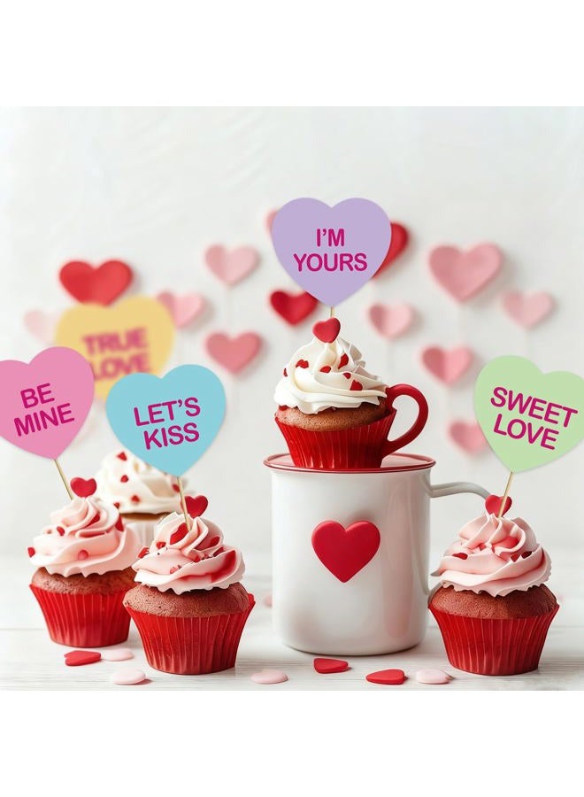Pedel Valentine Cupcake Toppers and Big Cake Topper, 21Pcs Conversation Heart Cake Topper Colorful Heart Cupcake Picks for Galentines Anniversary Wedding Dessert Decoration - Image 2