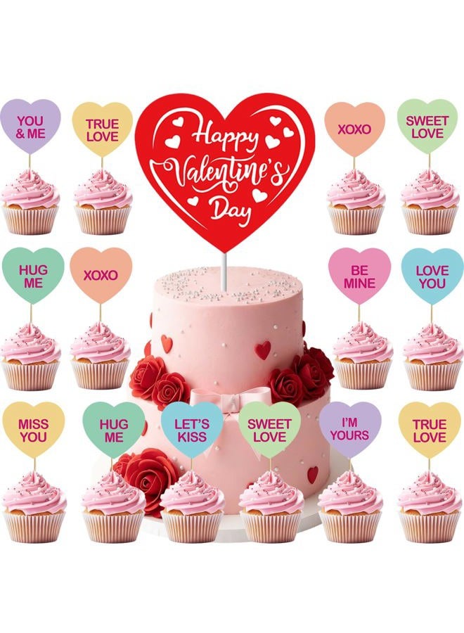 Pedel Valentine Cupcake Toppers and Big Cake Topper, 21Pcs Conversation Heart Cake Topper Colorful Heart Cupcake Picks for Galentines Anniversary Wedding Dessert Decoration - Image 1