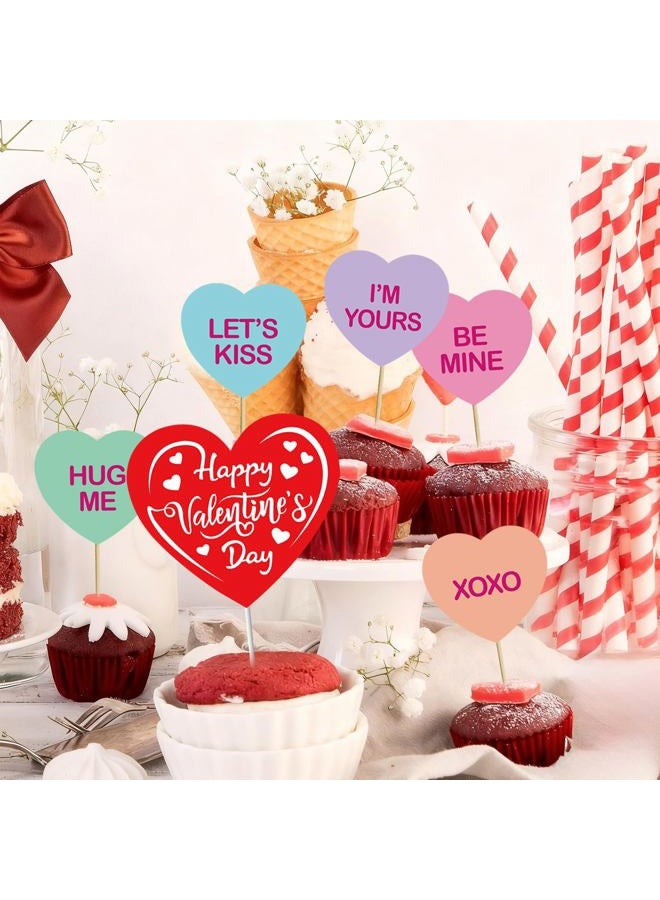 Pedel Valentine Cupcake Toppers and Big Cake Topper, 21Pcs Conversation Heart Cake Topper Colorful Heart Cupcake Picks for Galentines Anniversary Wedding Dessert Decoration - Image 4