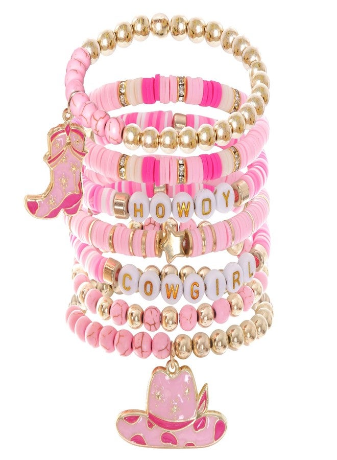 cnomg Western Cowgirl Bracelets Cowgirl Beaded Stretch Bracelets for Women Summer Beach Jewelry Accessories Christmas Birthday Gifts (Pink) - Image 1