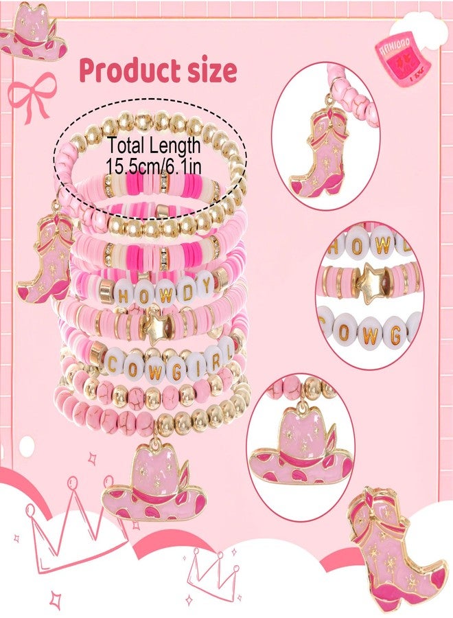 cnomg Western Cowgirl Bracelets Cowgirl Beaded Stretch Bracelets for Women Summer Beach Jewelry Accessories Christmas Birthday Gifts (Pink) - Image 3