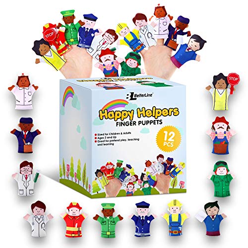 BETTERLINE Happy Helpers Finger Puppets 12Piece Set Teach and Learn with a Variety of Neighborhood People Characters Free Bonus EBook for Families Children Kindergarten Play and ESL - Image 1