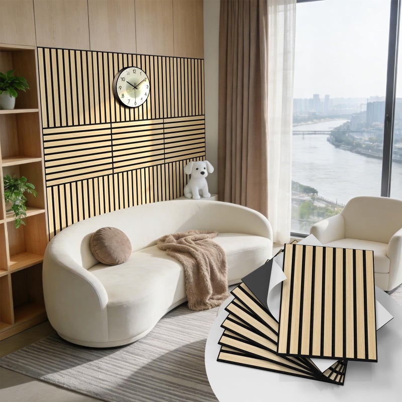 WADILE Peel and Stick Wood Slat Wall Panels 11.8" x 15.7" Decorative Acoustic Panels, Soundproof PVC Slatted Wall Panels for Living Room Bedroom Accent Wall, 8 Pack - Image 1