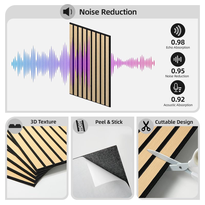 WADILE Peel and Stick Wood Slat Wall Panels 11.8" x 15.7" Decorative Acoustic Panels, Soundproof PVC Slatted Wall Panels for Living Room Bedroom Accent Wall, 8 Pack - Image 2