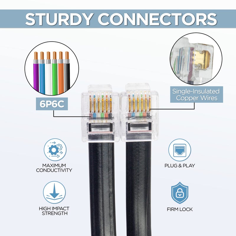 Volcora [2 Pack 5 Feet RJ11 / RJ12 Data Cable - Heavy Duty 6-Pins High-Speed Extension for Cash Register Drawer, Telephone, Modem, Fax, Printers, and More - Drawer Cable for Voice and Data - Image 5