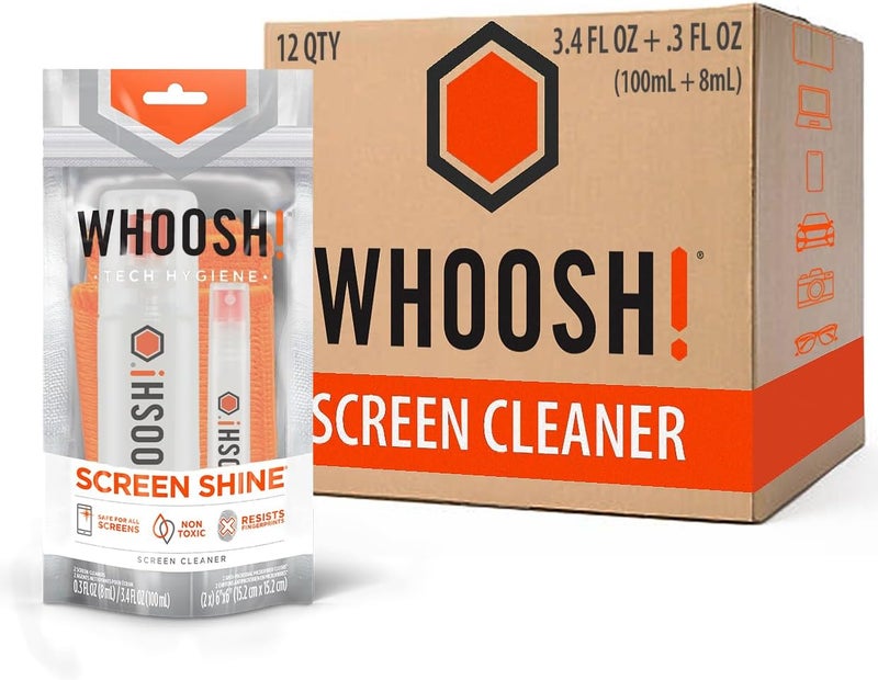 WHOOSH! ! Laptop Screen Cleaner Spray and Wipe [Set of 12] - 3.4 + 0.3 fl oz + 2 Microfiber Cloths - Duo with Large & Travel Size Bottles for Eyeglass Cleaner & Car Screen Cleaner- iPhone Cleaning Kit - Image 1