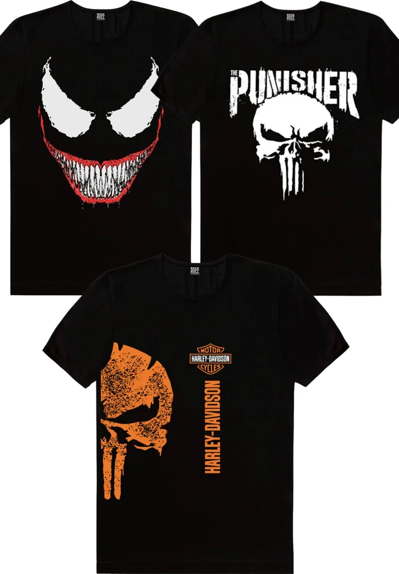 Harley Punishment, Punisher, Crocodile Teeth Men's T-Shirt 3-Pack Eco