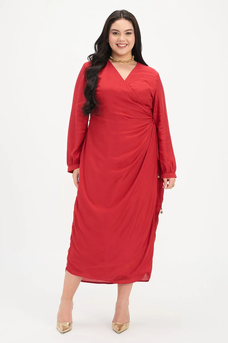 Virgio Solid Viscose Wrap Midi Plus Size Dress With Tie-Up for Women
