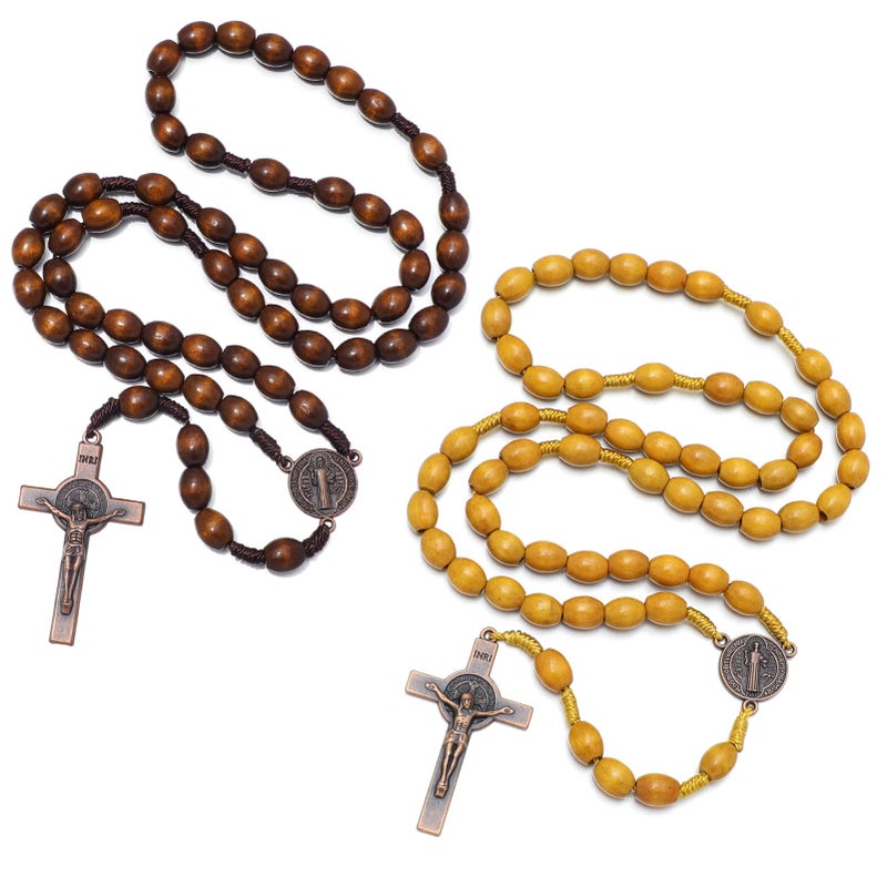 KOMI 2 PCS Handmade Wood Rosary for Men Woman Holy Prayer Beads Rosary Necklace with Saint Benedict Medal Jesus Cross Crucifix Christian Gift for Men - Image 1