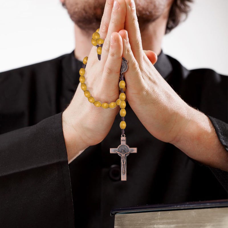KOMI 2 PCS Handmade Wood Rosary for Men Woman Holy Prayer Beads Rosary Necklace with Saint Benedict Medal Jesus Cross Crucifix Christian Gift for Men - Image 5