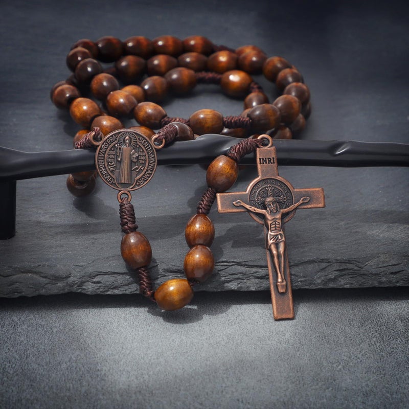 KOMI 2 PCS Handmade Wood Rosary for Men Woman Holy Prayer Beads Rosary Necklace with Saint Benedict Medal Jesus Cross Crucifix Christian Gift for Men - Image 4