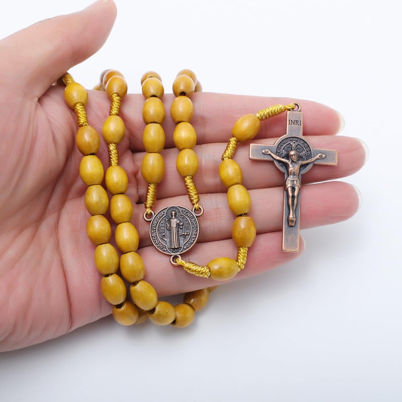 KOMI 2 PCS Handmade Wood Rosary for Men Woman Holy Prayer Beads Rosary Necklace with Saint Benedict Medal Jesus Cross Crucifix Christian Gift for Men - Image 3