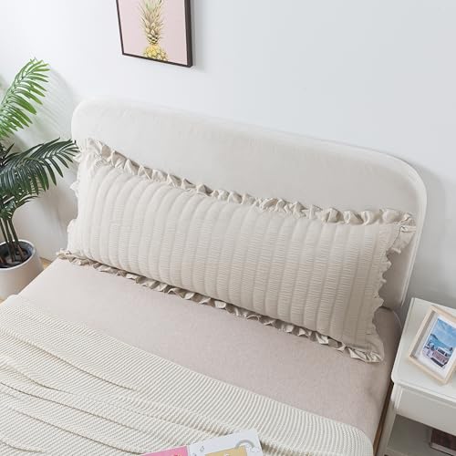 H Household Seersucker Body Pillowcases, 20x54 inches Long Pillowcase Ruffled Pillowcases Shabby Chic Boho Ruffled Fringe Decor Body Pillowcase Beige - Image 2