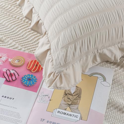 H Household Seersucker Body Pillowcases, 20x54 inches Long Pillowcase Ruffled Pillowcases Shabby Chic Boho Ruffled Fringe Decor Body Pillowcase Beige - Image 4