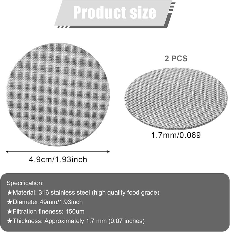 PEUTIER قطعتان من فلتر شاشة إسبرسو 49 ملم، شاشة قرص إسبرسو من الفولاذ المقاوم للصدأ 316، 150 ميكرومتر، شاشة قرص إسبرسو قابلة لإعادة الاستخدام، شبكة فلتر قهوة متينة لإسبرسو - Image 2