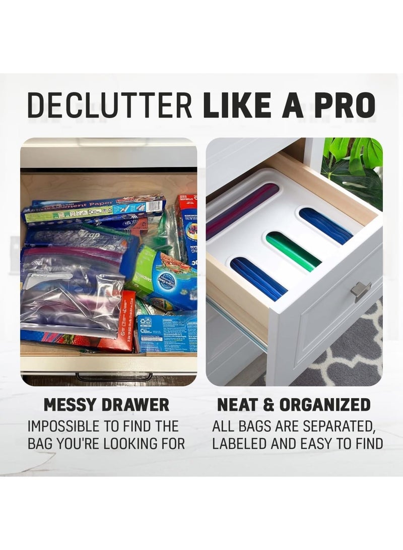 SYOSI منظم أكياس تخزين الطعام، حامل أكياس بلاستيكي للمطبخ بـ 4 فتحات مع ملصقات لأكياس الجالون والكوارت والسندويتش والوجبات الخفيفة والأكياس المنزلقة، منظم درج للمخزن أو سطح الطاولة - Image 4