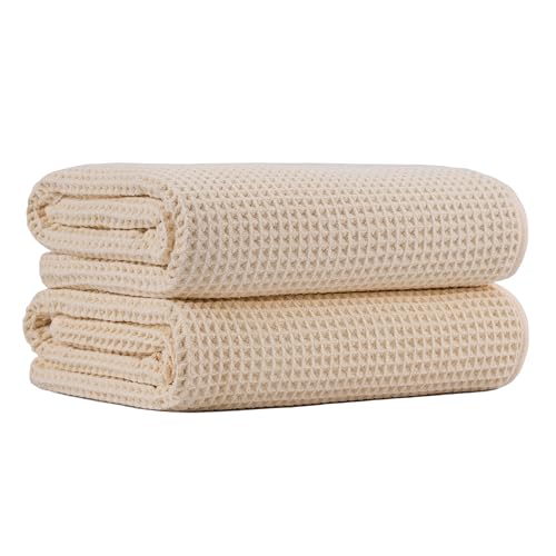 MICROFI New Microfiber Waffle Bath Towels, 2 Pieces, Oversized, Soft, Absorbent, Fast Drying, Lint Free 430 GSM (Champagne) - Image 1