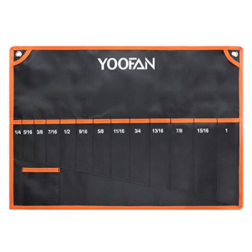 YOOFAN Wrench Roll Up Pouch – Wrench Organizer with 13+1 Pockets, Wrench Bag with handle, Wrench Holder for Hanging, Orange - SAE - Image 1