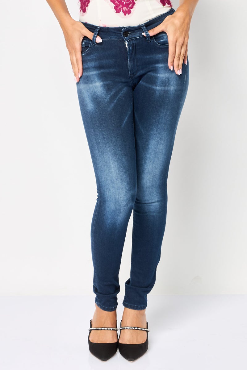 Replay Women Super Skinny Fit Washed Stretchable Jeans, Dark Blue - Image 1