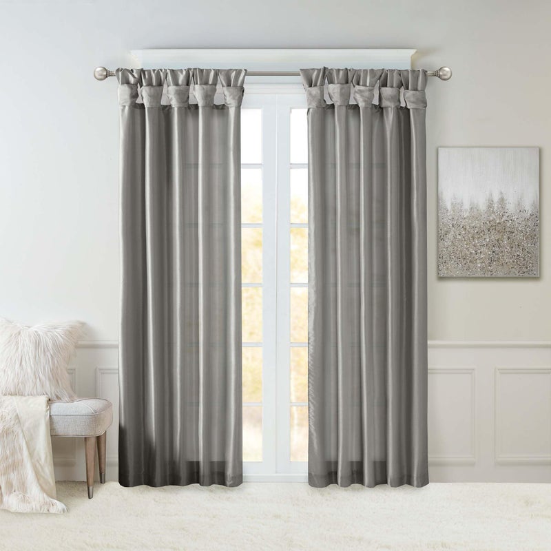 Madison Park Emilia Faux Silk Single Curtain with Privacy Lining DIY Twist Tab Top Room Darkening Window Drape for Living Room Bedroom and Dorm 84L x 50W Charcoal