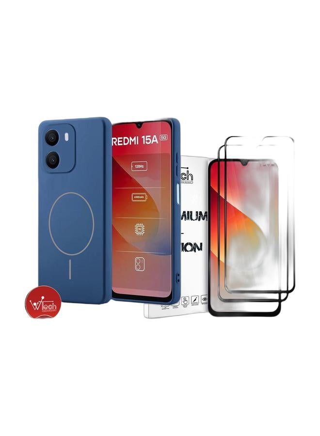 Wtech Xiaomi Redmi 15A 5G 2026 Premium Liquid Silicone Compatible With Thin Magsafe Ring Case Cover (MCMPMN) - Navy Blue & [2 PACK] Xiaomi Redmi 15A 5G 2026 Premium E2E Series Full Glue Full Cover Tempered Glass Screen Protector (MSGECN) - Clear/Black Bundle - Image 1