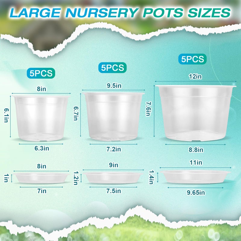 HKKZYT 8/10/12 Inch Clear Nursery Pots with Drainage and Sacuers, 15 Pack Plastic Pots for Plants Indoor Outdoor, Variety Large Clear Pots for Flowers, Succulents (8/10/12inx5pcs) - Image 2