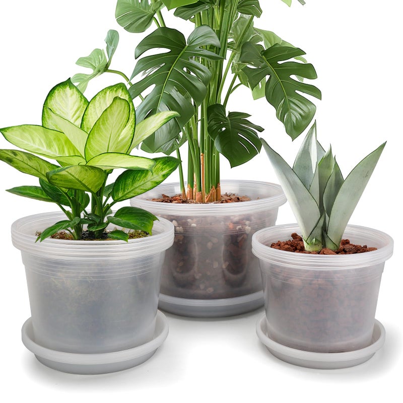 HKKZYT 8/10/12 Inch Clear Nursery Pots with Drainage and Sacuers, 15 Pack Plastic Pots for Plants Indoor Outdoor, Variety Large Clear Pots for Flowers, Succulents (8/10/12inx5pcs) - Image 1