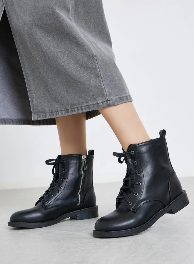 Styli Styli Black Lace Up Ankle Boots with Half-Zip