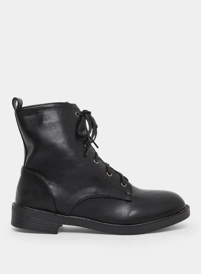 Styli Styli Black Lace Up Ankle Boots with Half-Zip